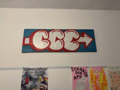  Sign "CCC" in a bubbly font